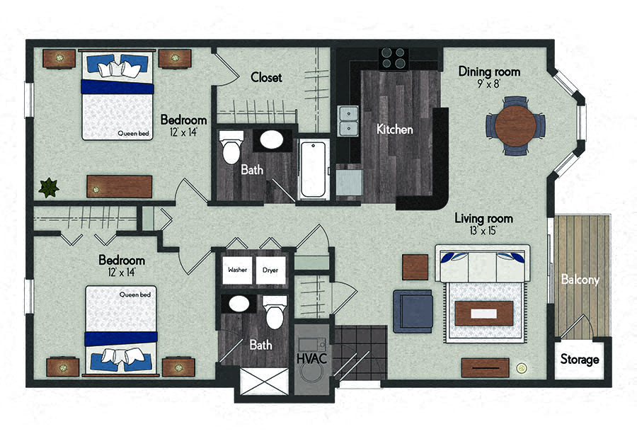 Floor plan for 2 beds, 2 baths, 1204 sqft
